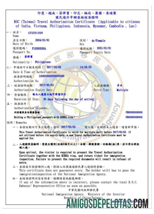 Certificado de viagem para TAIWAN modelo